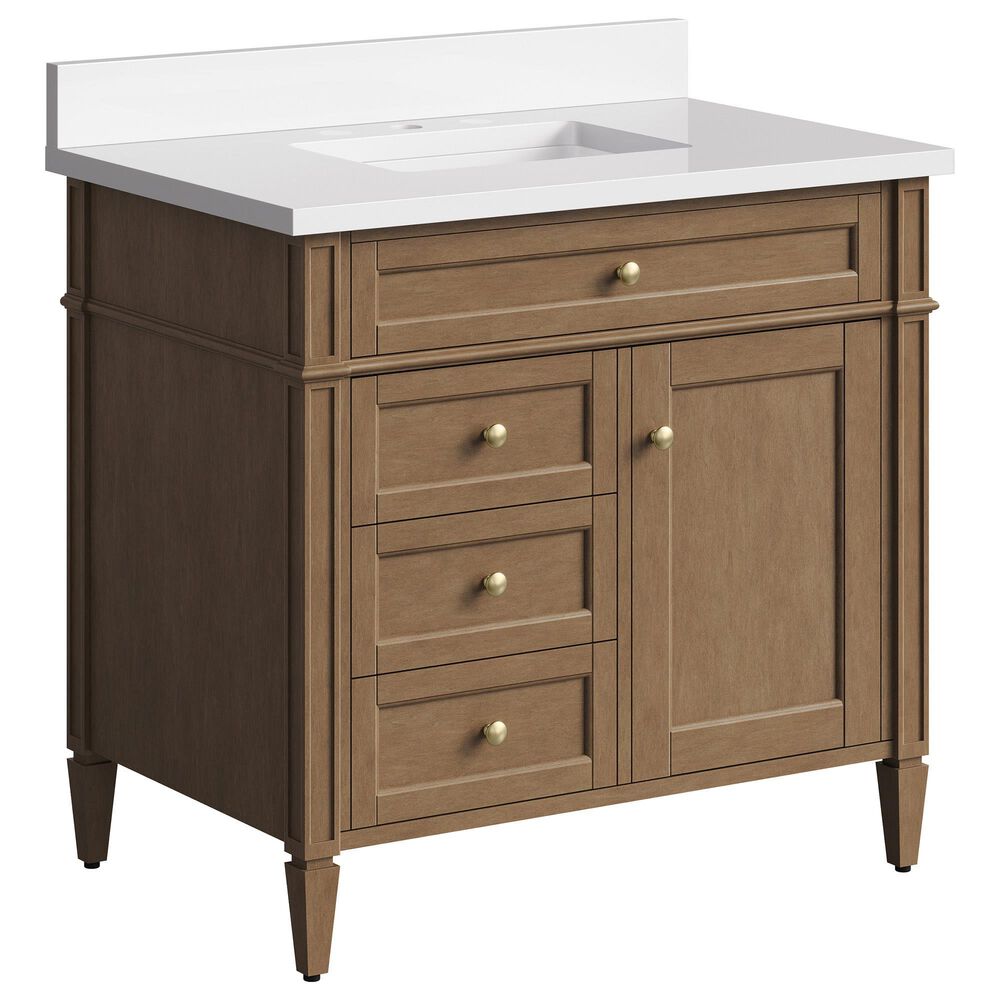 James Martin Brittany 36" Single Bathroom Vanity in Pecan with Single Hole 3 cm White Zeus Silestone Top and Rectangular Sink, , large