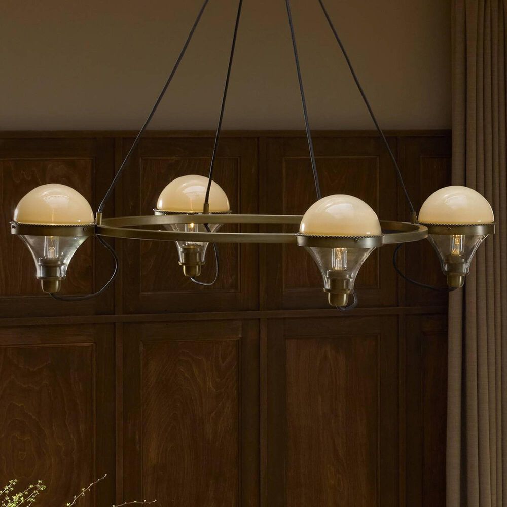 Amber Lewis x Four Hands Hockley 4-Light Chandelier with Cream Glass Shades in Aged Antique Brass, , large
