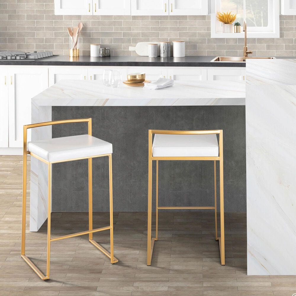 Lumisource Fuji High Back Counter Stool with White Faux Leather Cushion in Gold &#40;Set of 2&#41;, , large