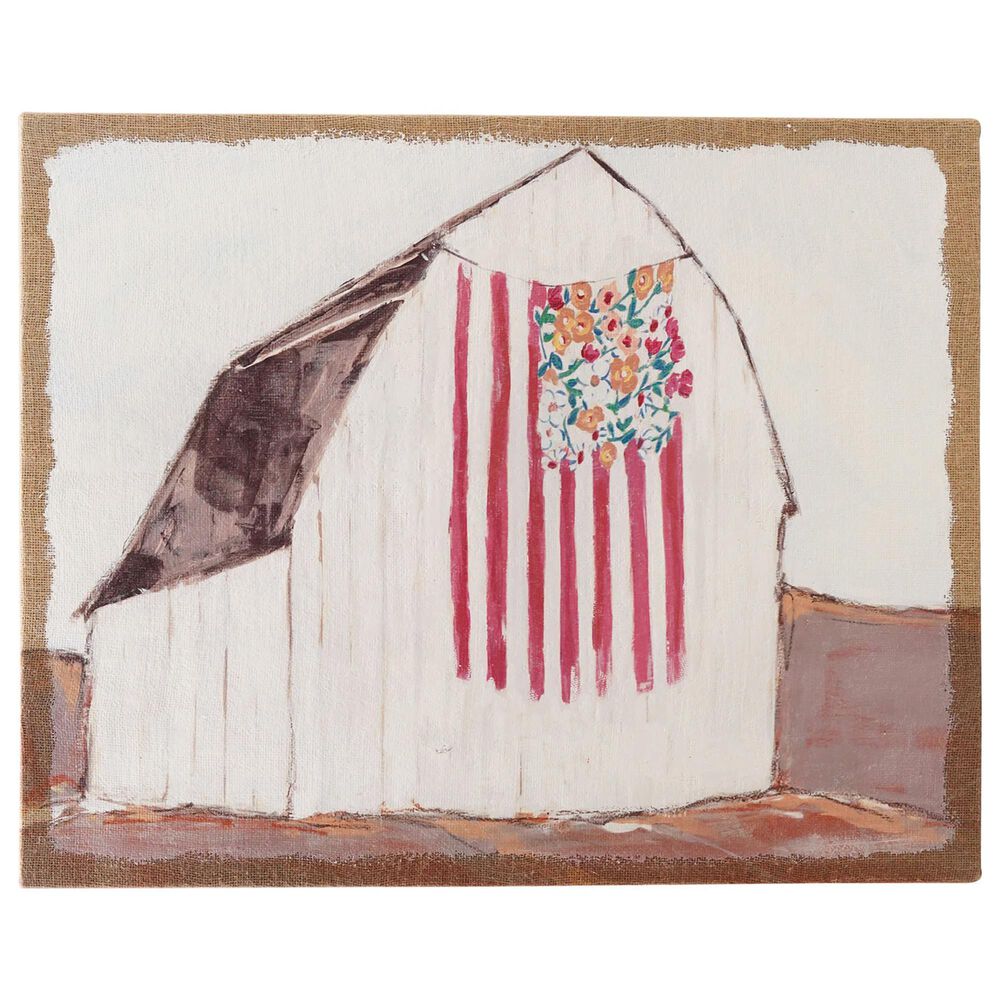 Creative Coop Cozy 24" x 30" Barn, Flag and Flowers Wall Art in Multicolor, , large