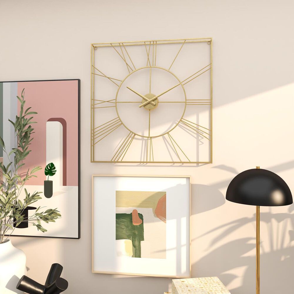 Maple and Jade Open Frame Square Decorative Wall Clock in Polished Gold, , large