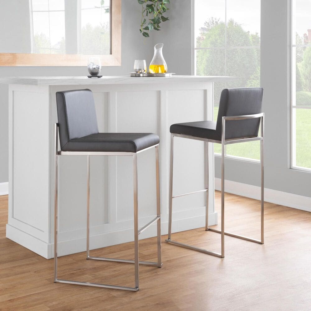 Lumisource Fuji Stackable Barstool with Grey Faux Leather Cushion in Stainless Steel &#40;Set of 2&#41;, , large