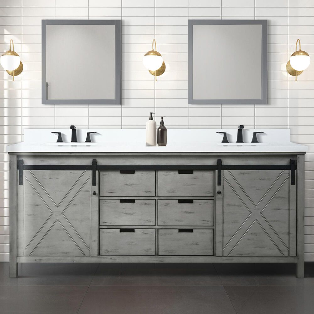 Lexora Home Marsyas 80&quot; Double Bathroom Vanity in Ash Grey with 2 cm White Cultured Marble Top and Rectangular Sinks, , large