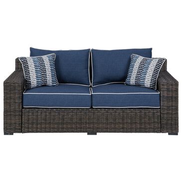 Signature Design by Ashley Grasson Lane Loveseat with Blue Cushion in Brown, , large