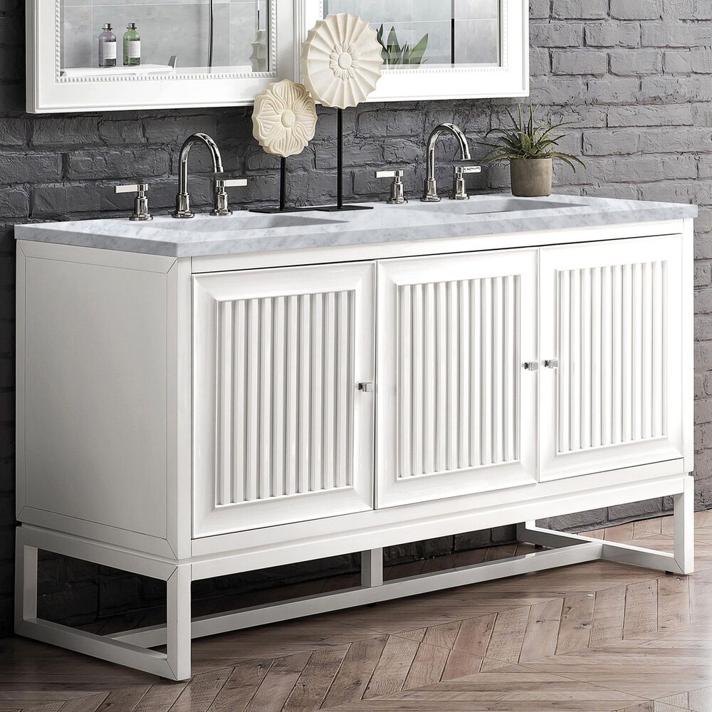 James Martin Vanities Athens 60&quot; Double Bathroom Vanity in Glossy White with 3 cm Carrara White Marble Top and Rectangular Sinks, , large