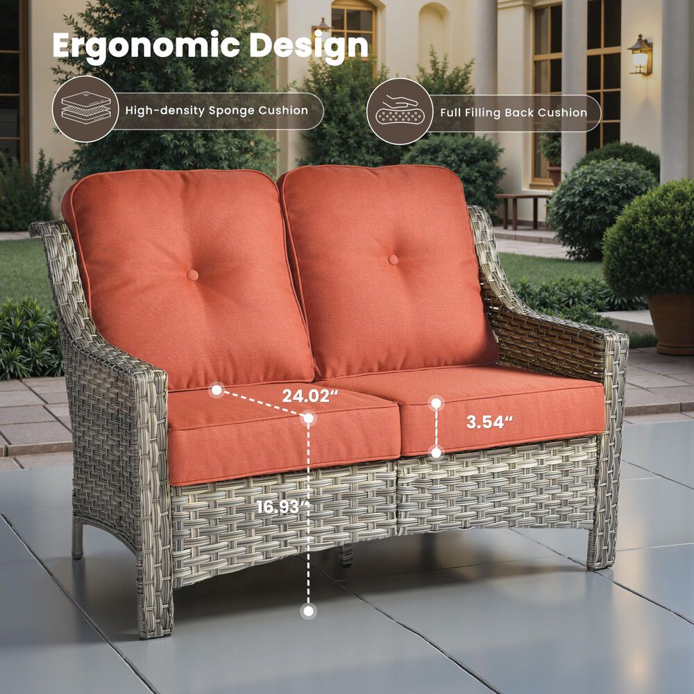 HOMLUX Outdoor Rattan Loveseat with Ergonomic in Coarse Textured Orange, , large