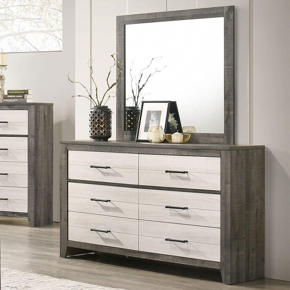 Crown Mark Rhett 6-Drawer Dresser and Mirror in Gray and White, , large