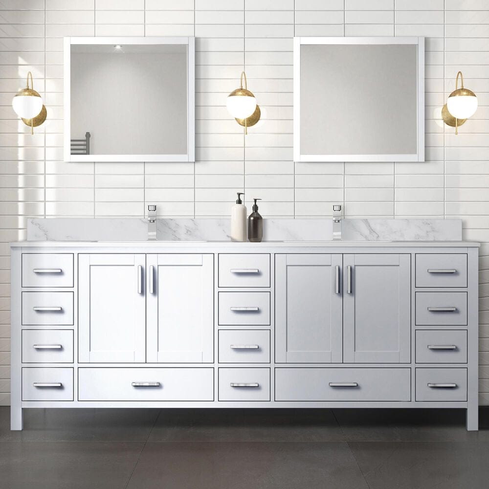 Lexora Home Jacques 84&quot; Double Bathroom Vanity in White with 2 cm White Carrara Marble Top and Rectangular Sinks, , large