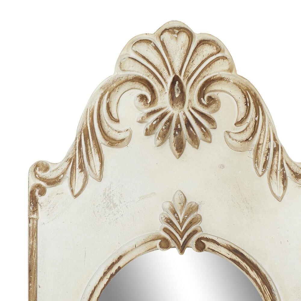 Maple and Jade 72&quot; x 16&quot; Wood Floral Slim Wall Mirror with Carved Scrollwork in Distressed White and Mocha Brown, , large