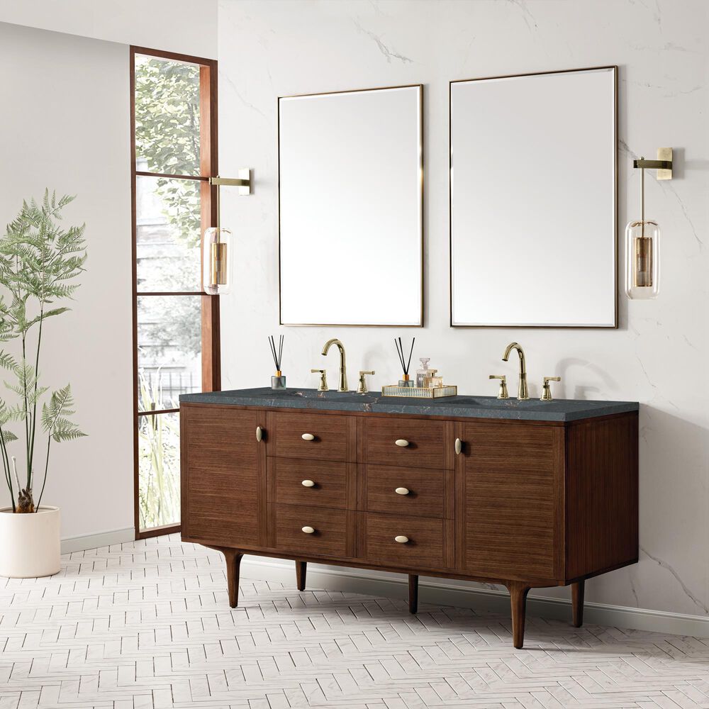 James Martin Vanities Amberly 72&quot; Double Bathroom Vanity in Mid-Century Walnut with 3 cm Parisien Bleu Quartz Top and Rectangular Sinks, , large
