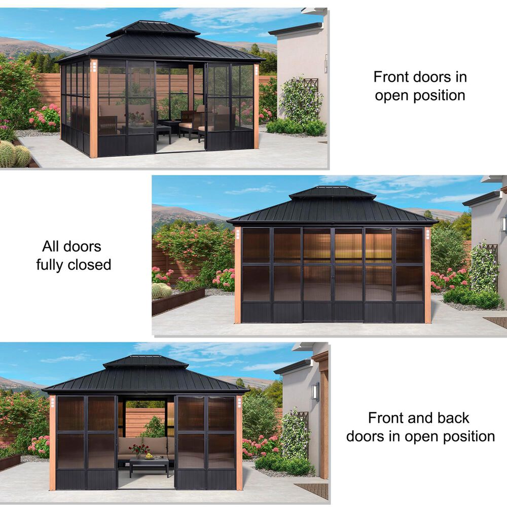 HOMLUX 12' x 14' Outdoor Hardtop Sunroom Gazebo with Aluminum Frame in Black, , large