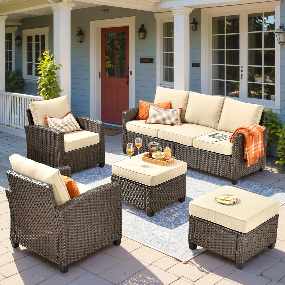 HOMLUX 5-Piece Patio Conversation Set with Brown Wicker in Beige, , large