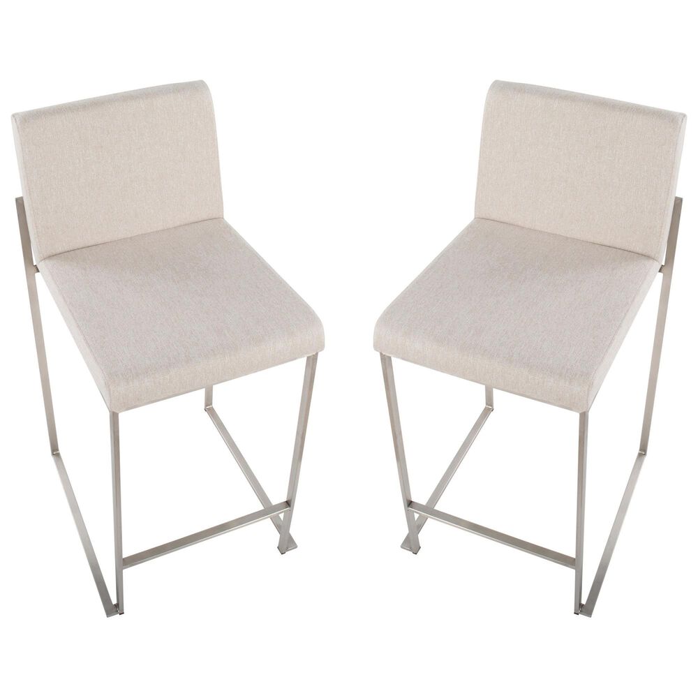 Lumisource Fuji High Back Counter Stool with Beige Fabric Cushion in Stainless Steel &#40;Set of 2&#41;, , large