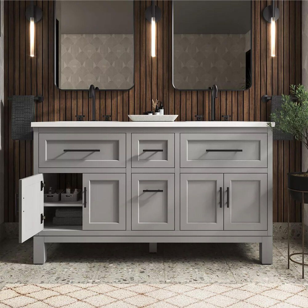 Kohler Quo 60&quot; Double Bathroom Vanity in White with 3 cm Pure White Quartz Top and Oval Sinks, , large