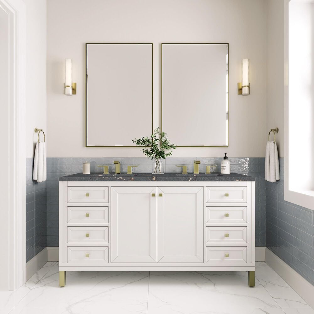 James Martin Vanities Chicago 60&quot; Double Bathroom Vanity in Glossy White with 3 cm Parisien Bleu Quartz Top and Rectangular Sinks, , large