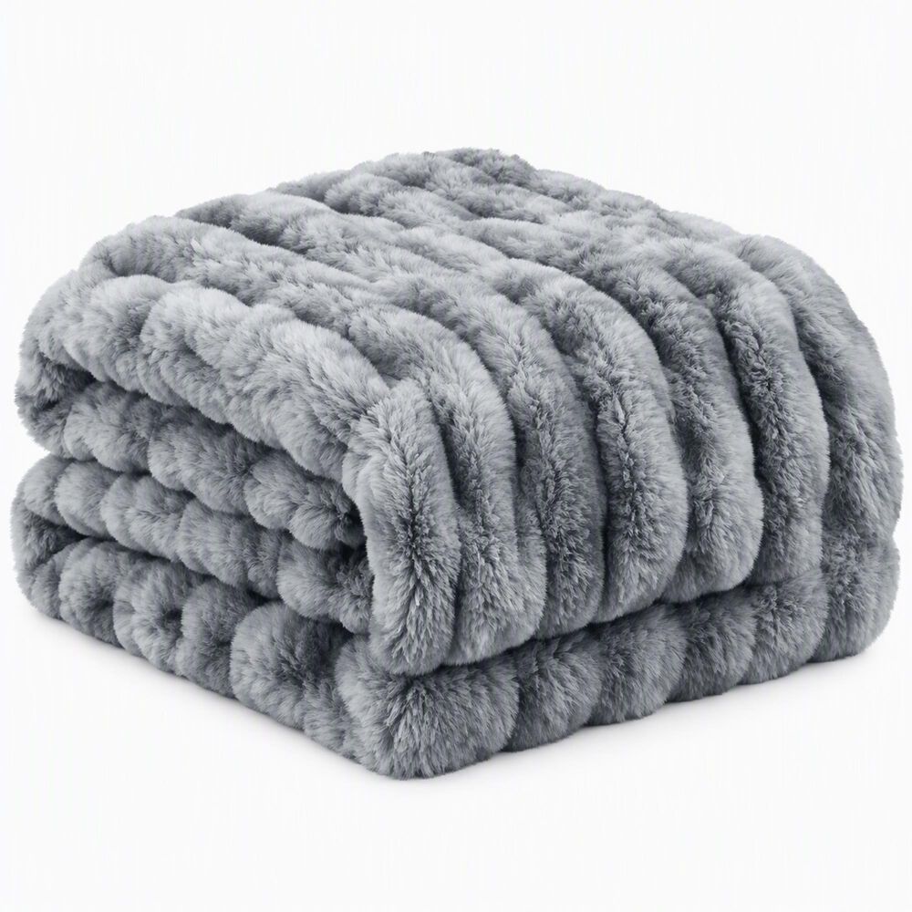 Timberlake 60" x 80" Ruched Faux Fur Throw Blanket in Silver, , large