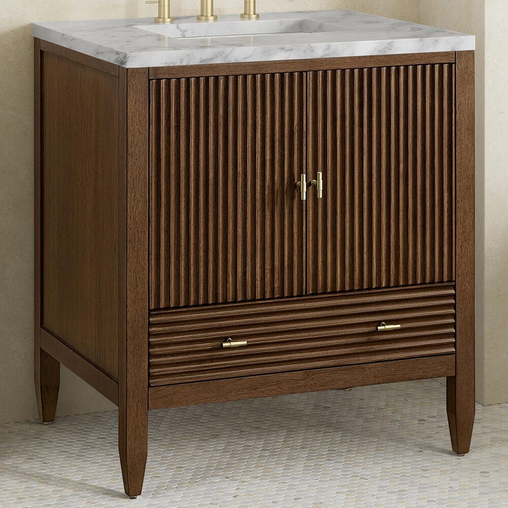 James Martin Myrrin 30" Single Bathroom Vanity in Mid-Century Walnut with 3 cm Carrara Marble Top and Rectangular Sink, , large