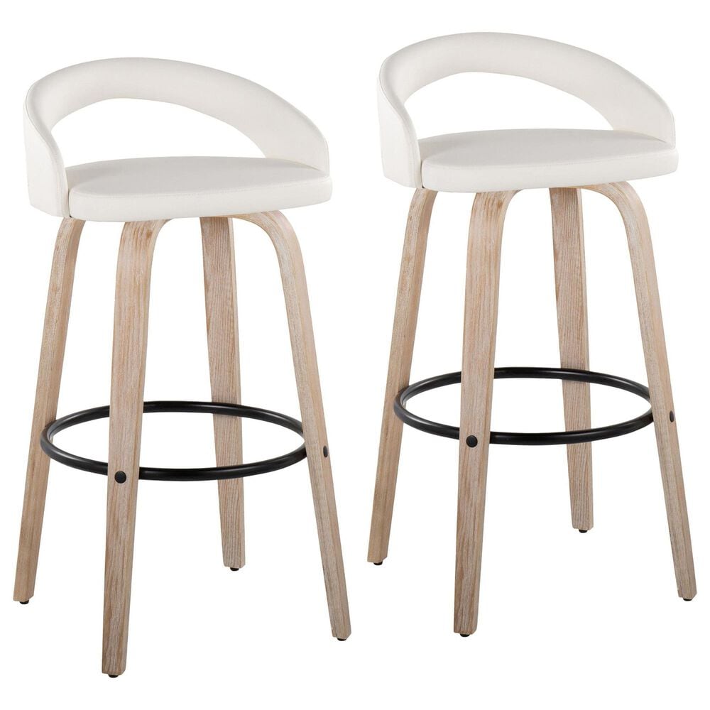 LumiSource Grotto Swivel Bar Stool with White Faux Leather Upholstery in Whitewashed Wood and Black (Set of 2), , large