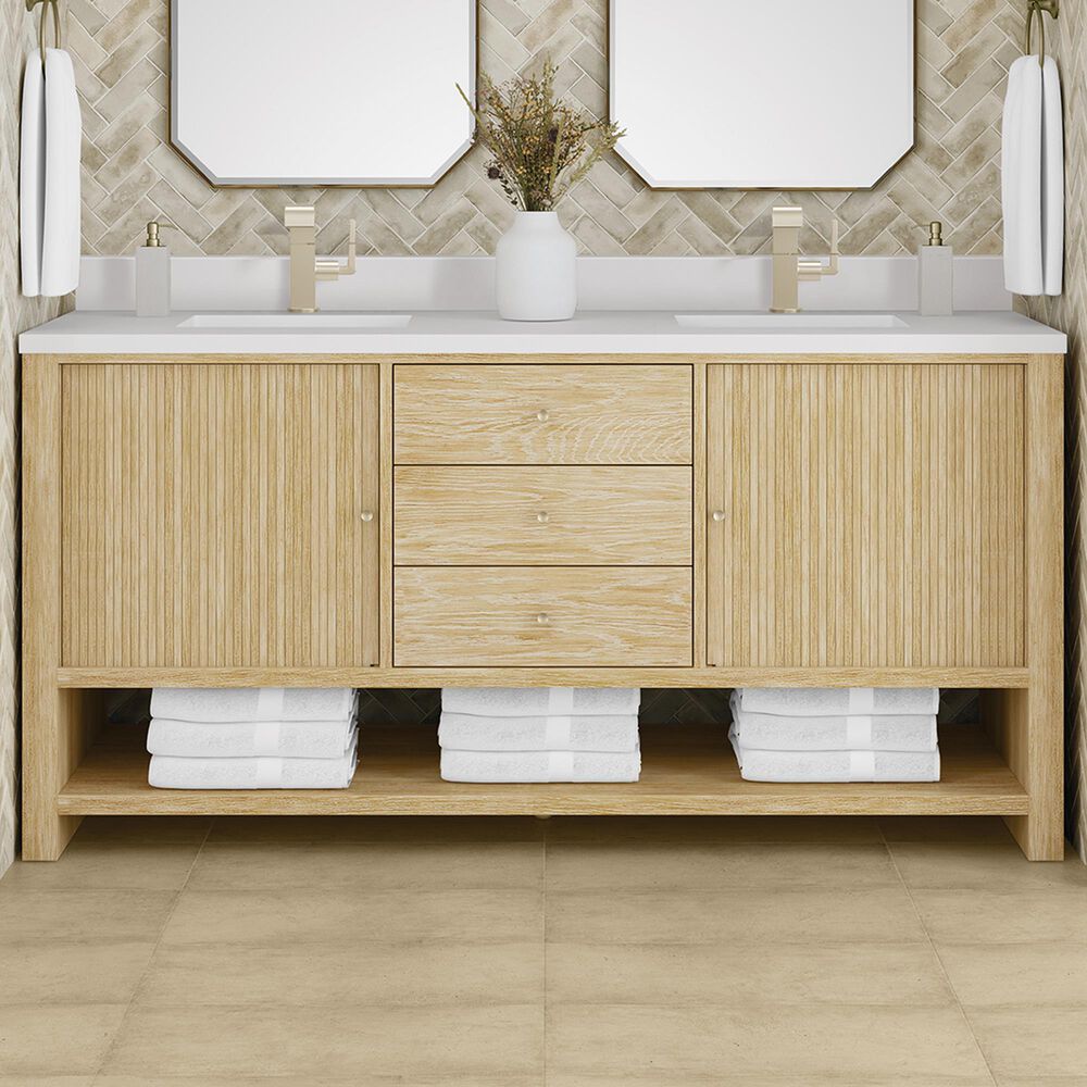 James Martin Vanities Marigot Single 72&quot; Double Vanity in Sun-washed Oak with Single Hole 3 cm White Zeus Quartz Top &amp; Backsplash, , large