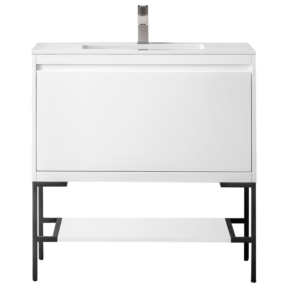 James Martin Mantova 35.4" Single Bathroom Vanity in Glossy White and Matte Black with 2 cm Glossy White Solid Surface Top and Rectangular Sink, , large