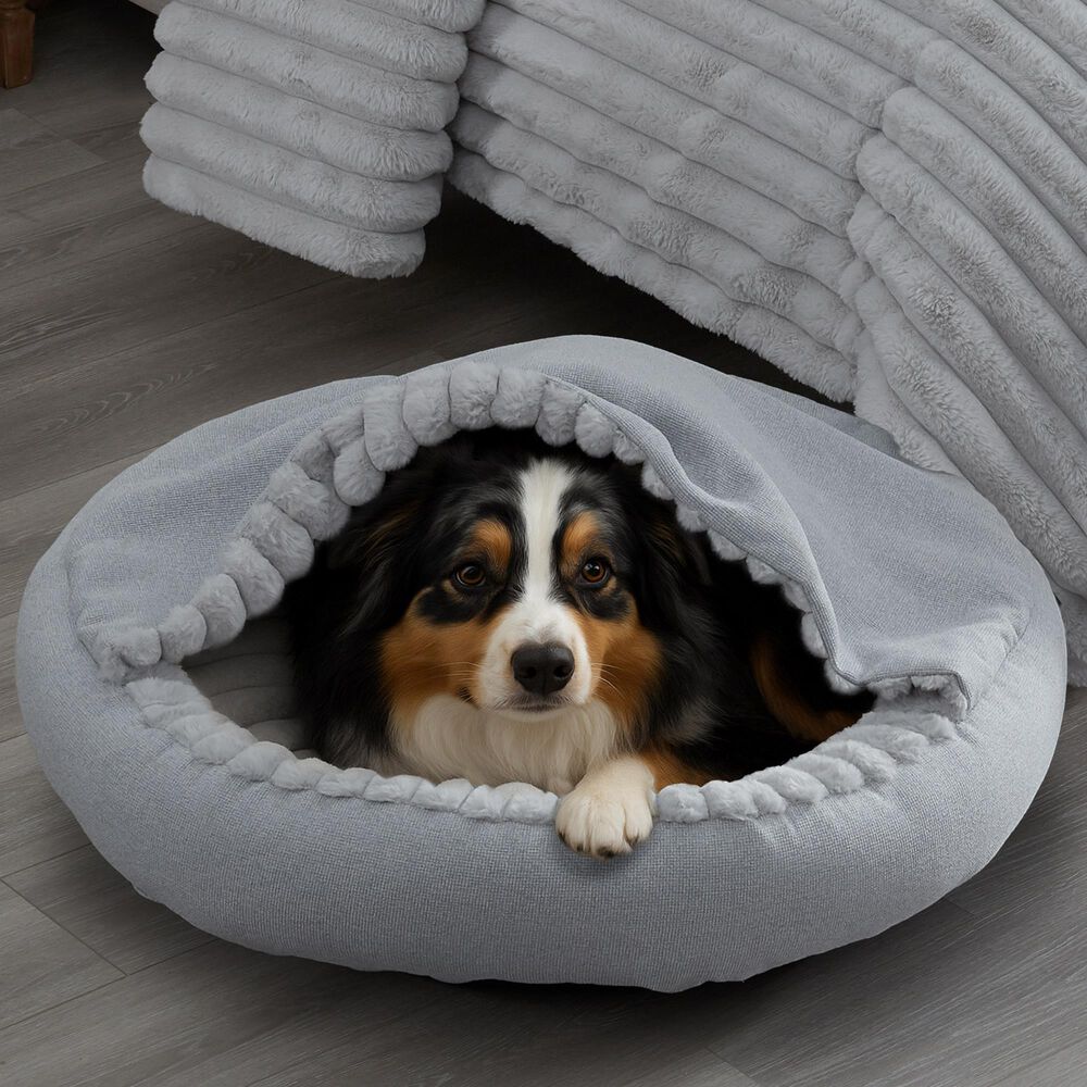 Hallmart Collectibles Hooded Large Round Cuddler Pet Bed in Gray, , large