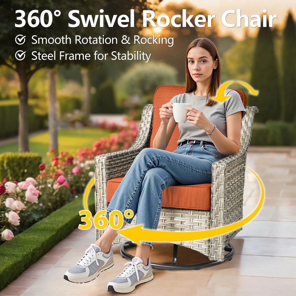 HOMLUX 3-Piece Outdoor Swivel Rocking Chair Set and Side Table in Orange, , large