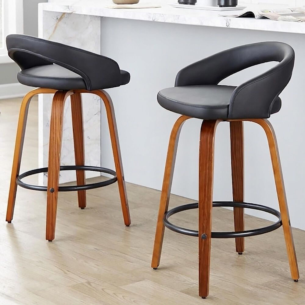 LumiSource Grotto 26" Swivel Counter Stool with Black Faux Leather Upholstery in Walnut and Black (Set of 2), , large