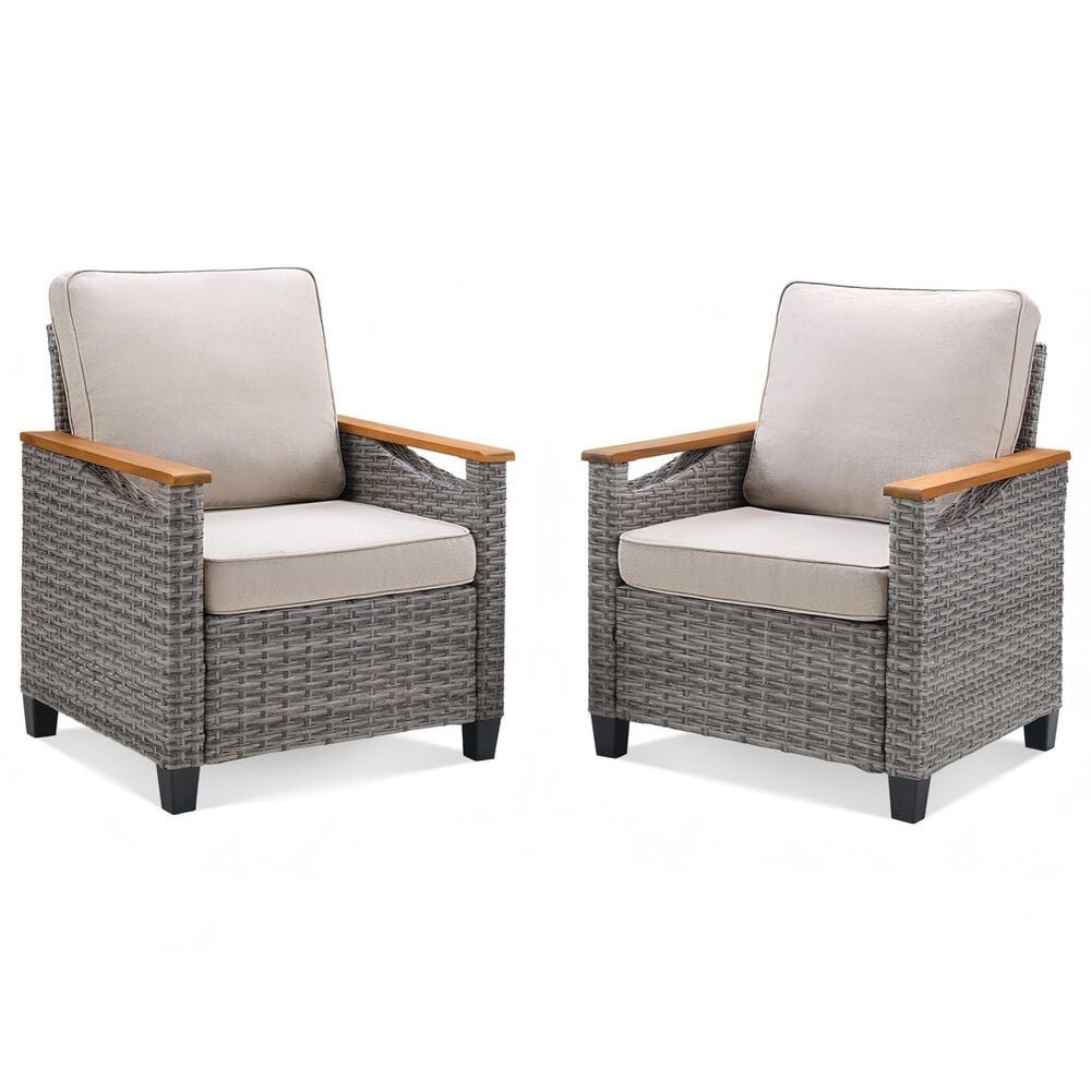 Sunwell Garden Patio Stationary Chair with Gray Frame and Wood Armrests in Beige (Set of 2), , large