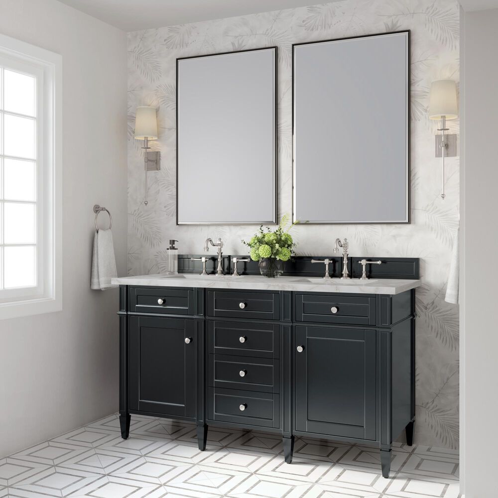 James Martin Vanities Brittany 60" Double Bathroom Vanity in Black Onyx with 3 cm Eternal Jasmine Pearl Silestone Top, Rectangular Sinks and FreePower Wireless Charger, , large