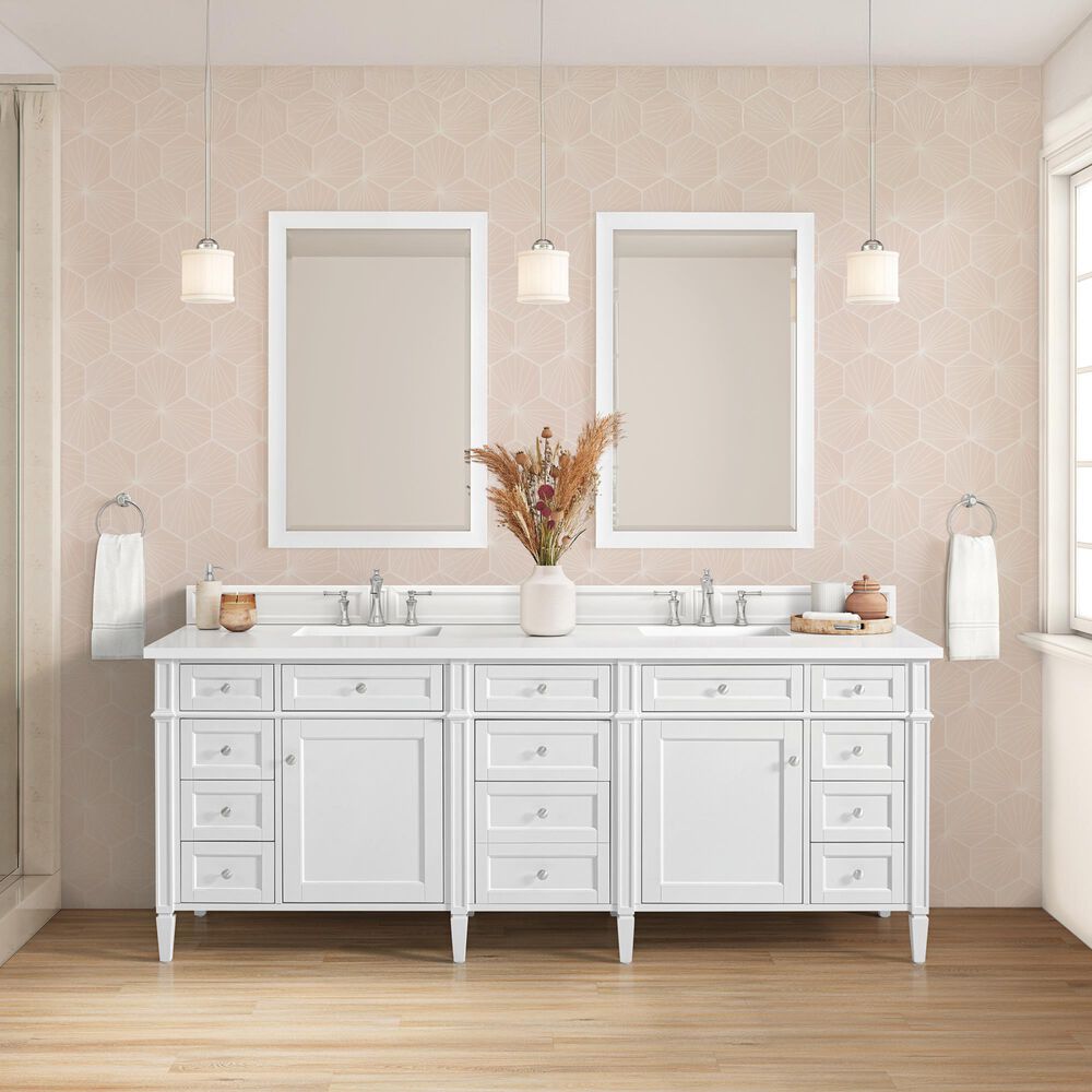James Martin Brittany 84" Double Bathroom Vanity in Bright White with 3 cm White Zeus Top and Rectangular Sinks, , large