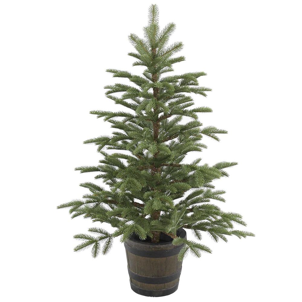 National Tree 4" Feel Real Norwegian Spruce Entrance Trees in Whiskey Barrel Pot, , large