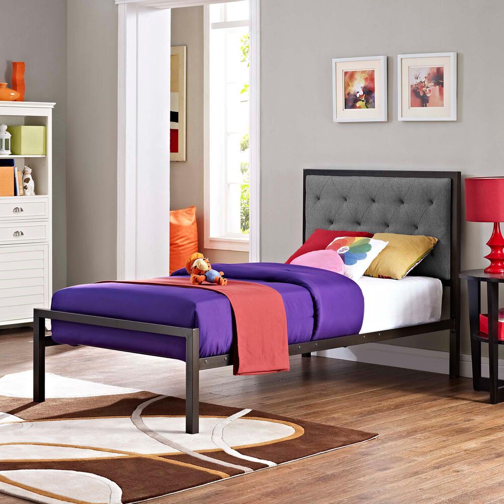 Modway Mia Gray Fabric Upholstered Twin Platform Bed in Brown, , large