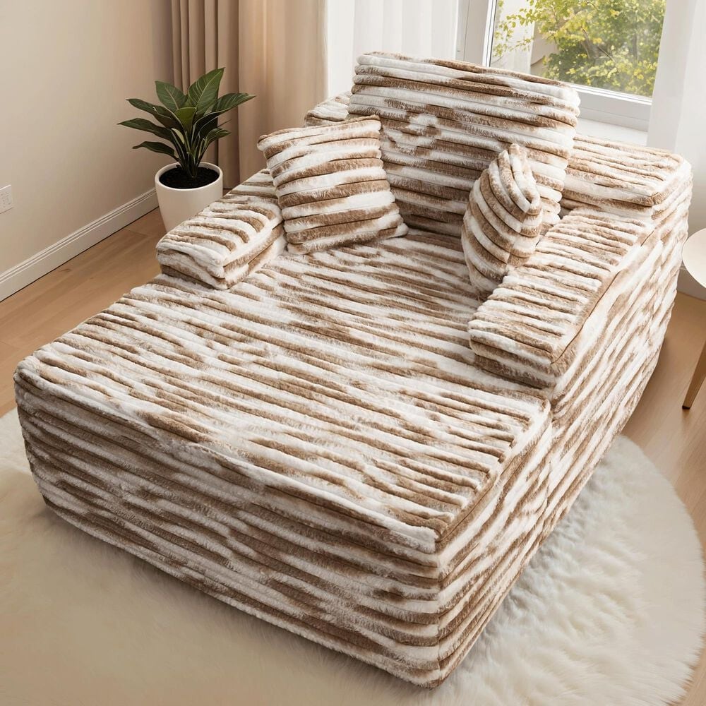 HOMLUX Cloud Faux Fur Chaise Lounge with Plush Pillows in Brown Zebra, , large