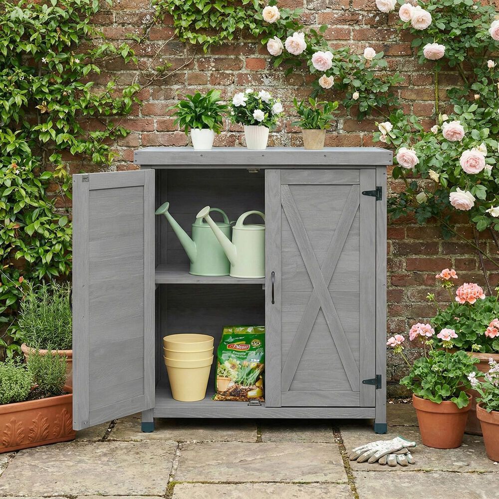 Hearth and Haven Outdoor Wooden Storage Cabinet with Metal Top and Adjustable Protective Footpad in Gray, , large