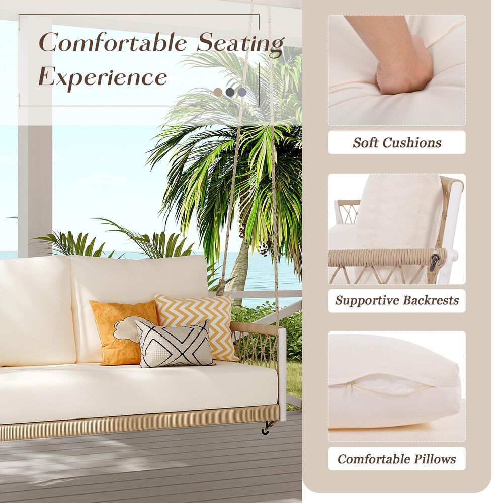HOMLUX Patio Woven Rope Swing Sofa with White Steel in Beige, , large