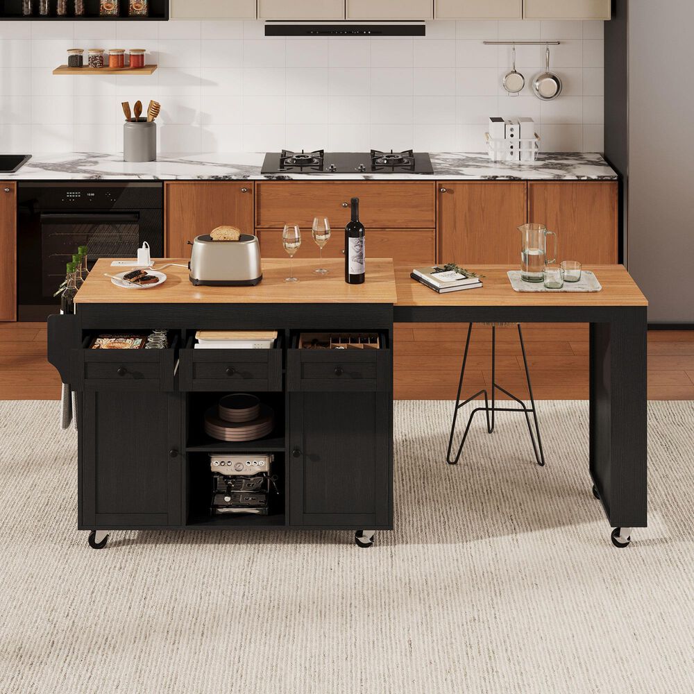 HOMLUX 86" Kitchen Island with Extendable Dining Table in Black, , large