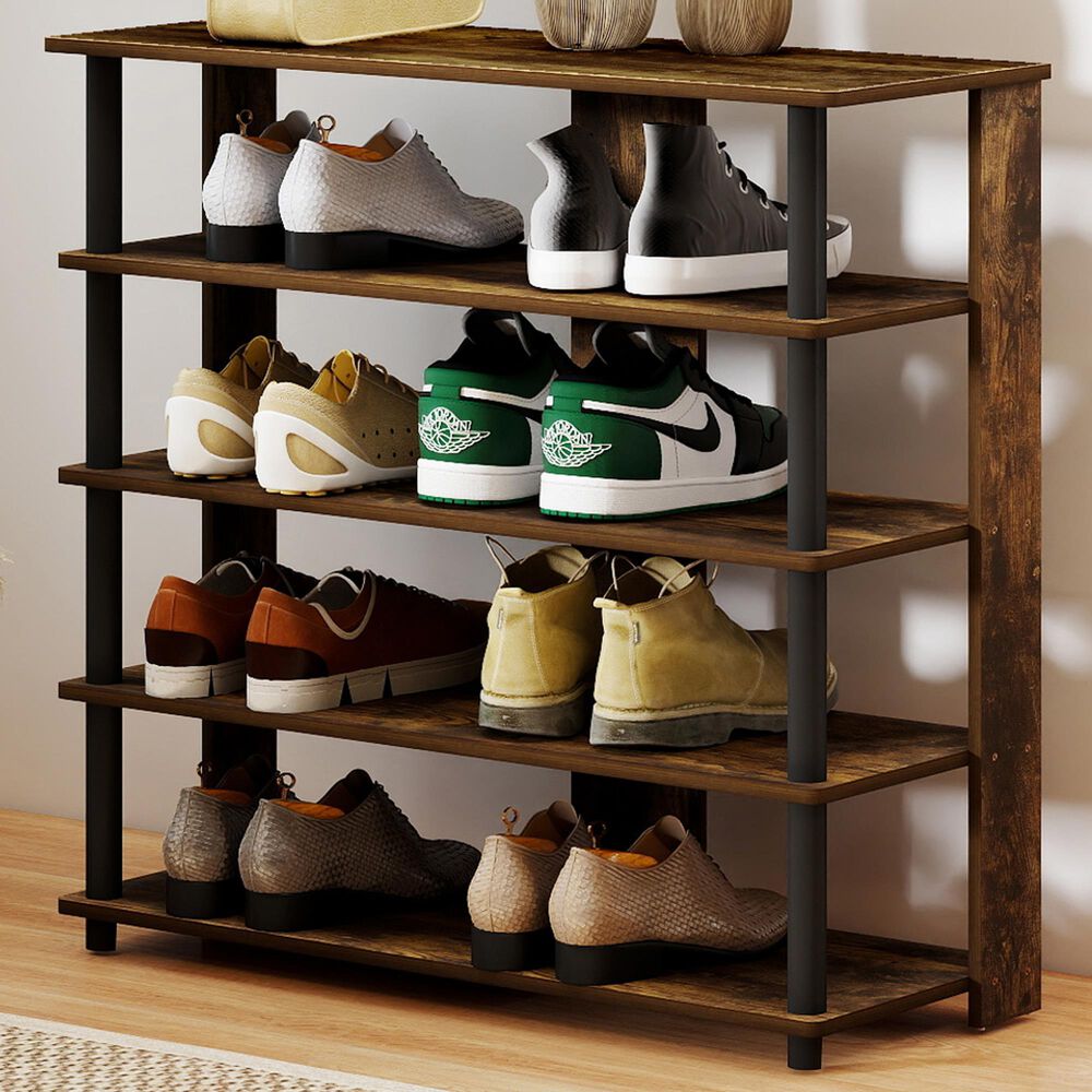 HOMLUX 5-Tier Shoe Rack in Amber Pine and Black, , large