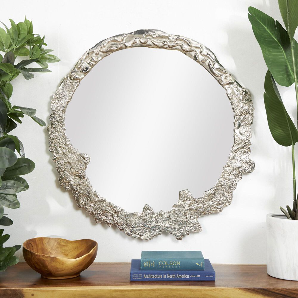 Maple and Jade 35&quot; Round Metal Abstract Wall Mirror in Silver, , large