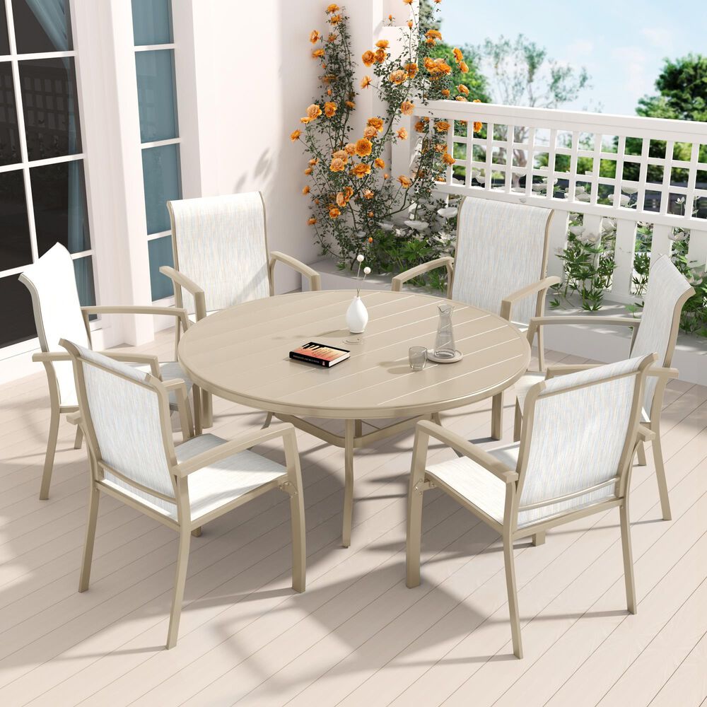 Hearth and Haven 7-Pieces Outdoor Dining Set with Stackable Chairs and Round Table in Sandstone, , large