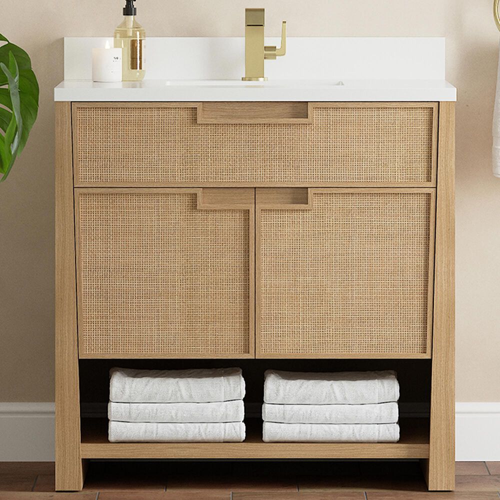 James Martin Vanities Solene 36&quot; Single Bathroom Vanity in Seaside Oak with Single Hole 3 cm White Zeus Quartz Top and Rectangular Sink, , large
