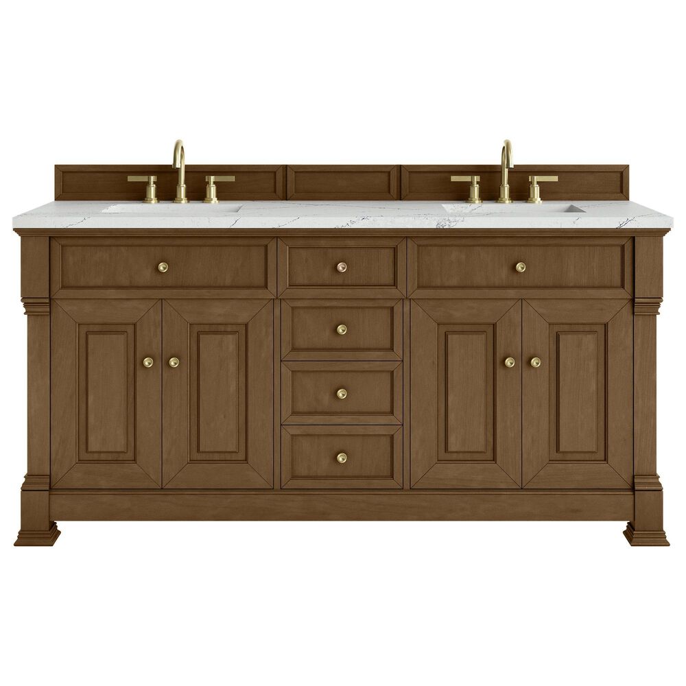 James Martin Vanities Brookfield 72&quot; Double Bathroom Vanity in Honey Oak with 3cm Ethereal Noctis Quartz Top and Rectangular Sinks, , large