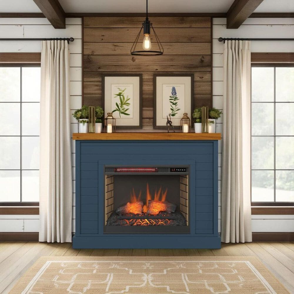 Legends Home Washington Fireplace Mantel with Fireplace Insert in Blue Denim and Whiskey, , large