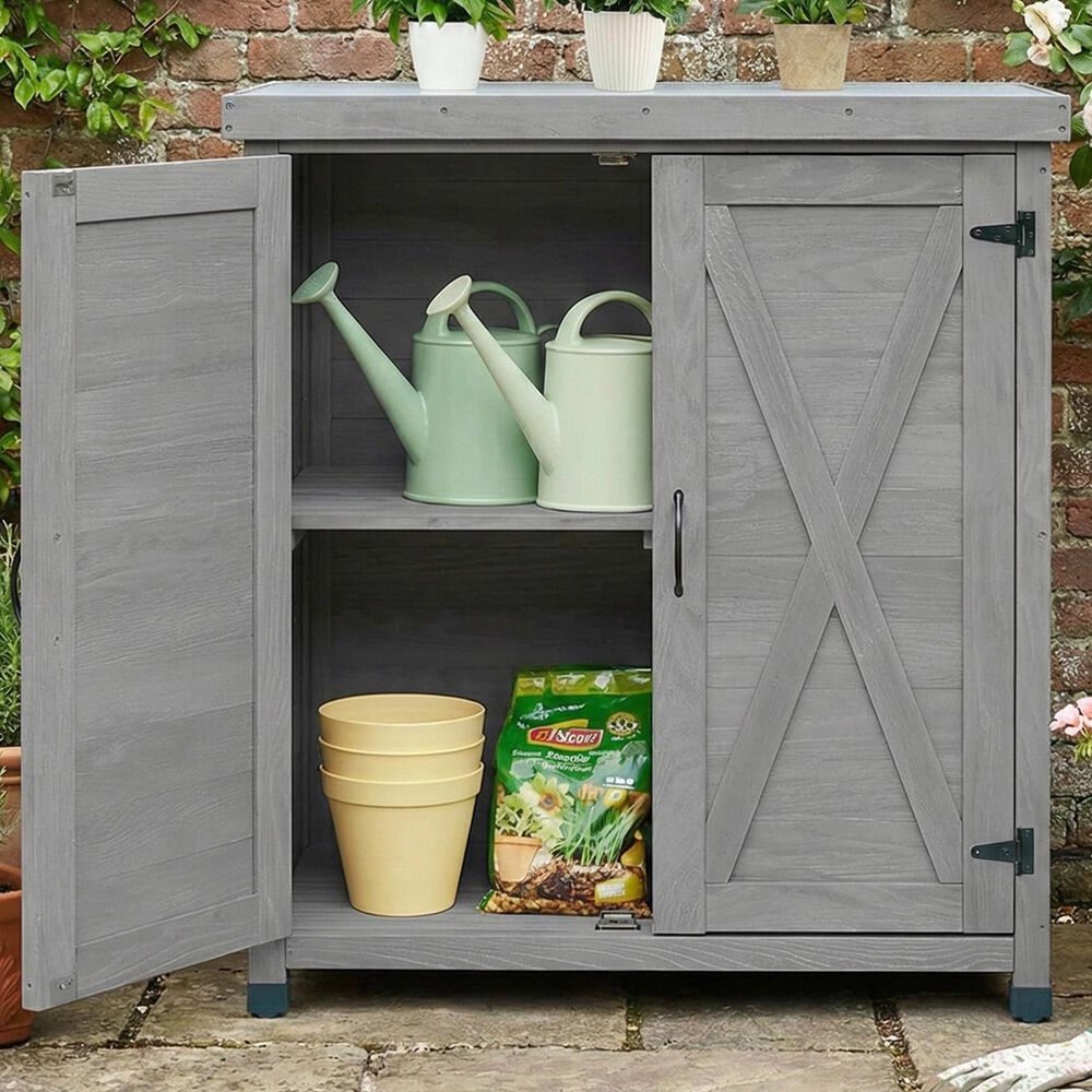 Hearth and Haven Outdoor Wooden Storage Cabinet with Metal Top and Adjustable Protective Footpad in Gray, , large