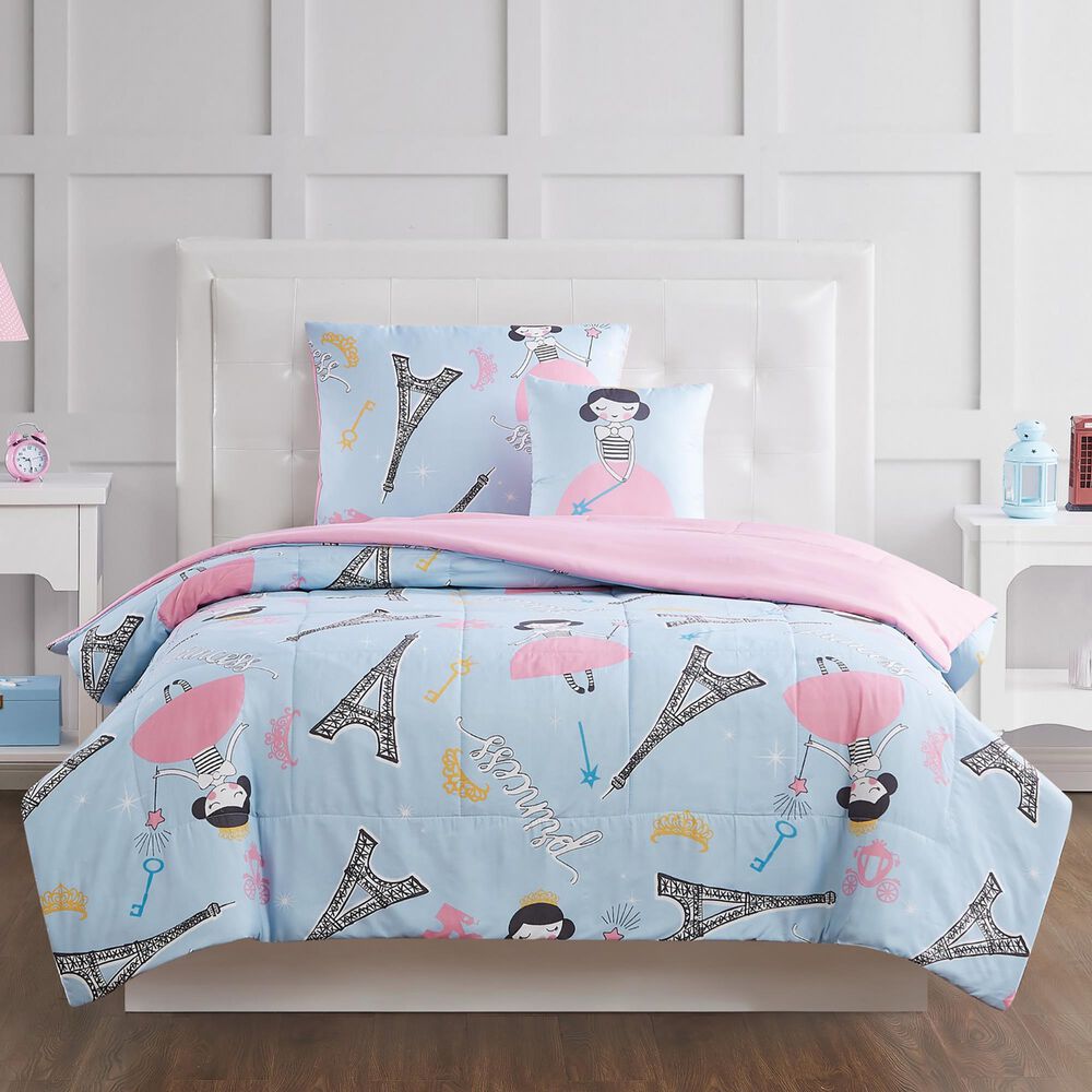 Pem America My World Paris Princess 3-Piece Twin Comforter Set in Blue and Pink, , large