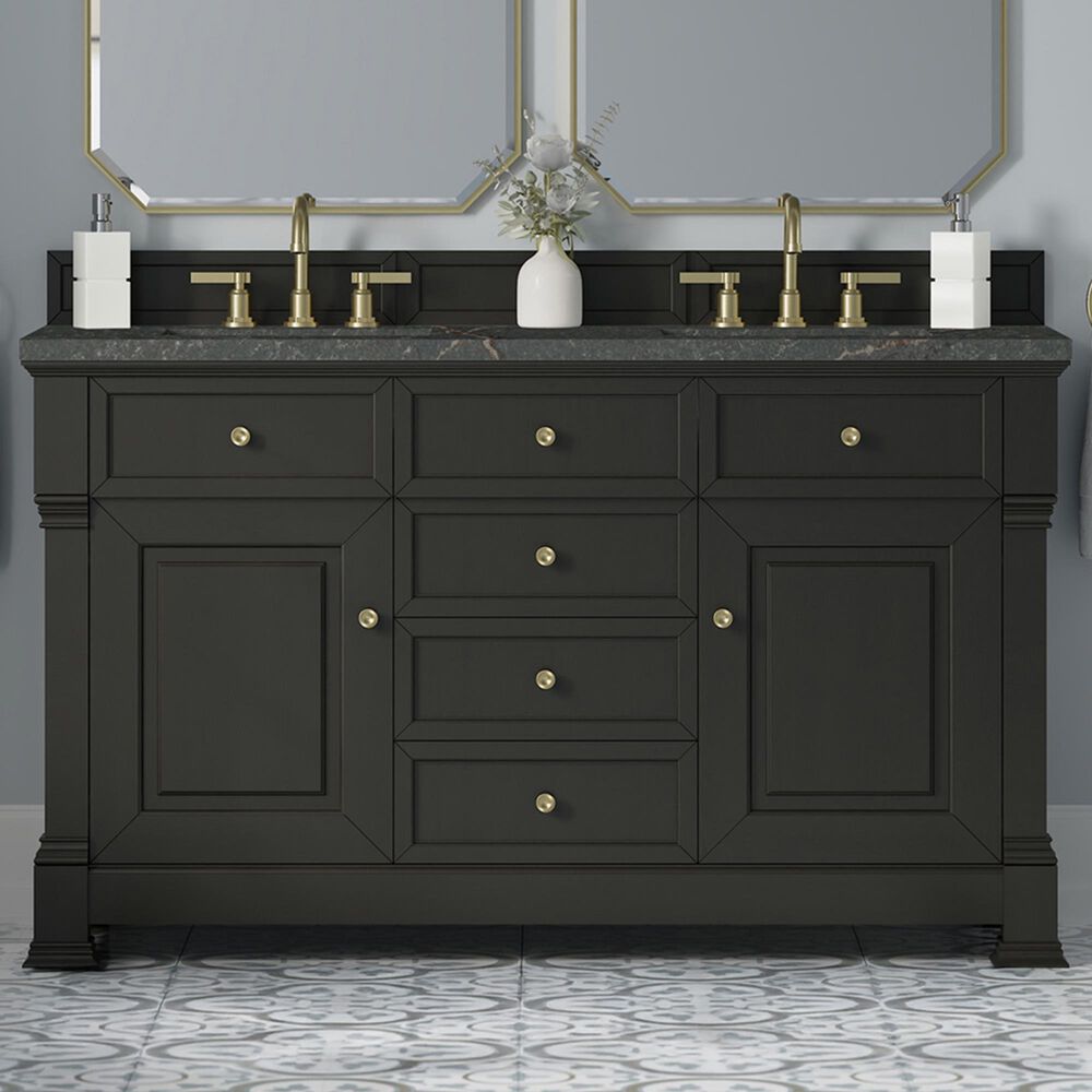 James Martin Vanities Brookfield 60&quot; Double Bathroom Vanity in Black Onyx with 3 cm Parisien Bleu Quartz Top and Rectangular Sinks, , large