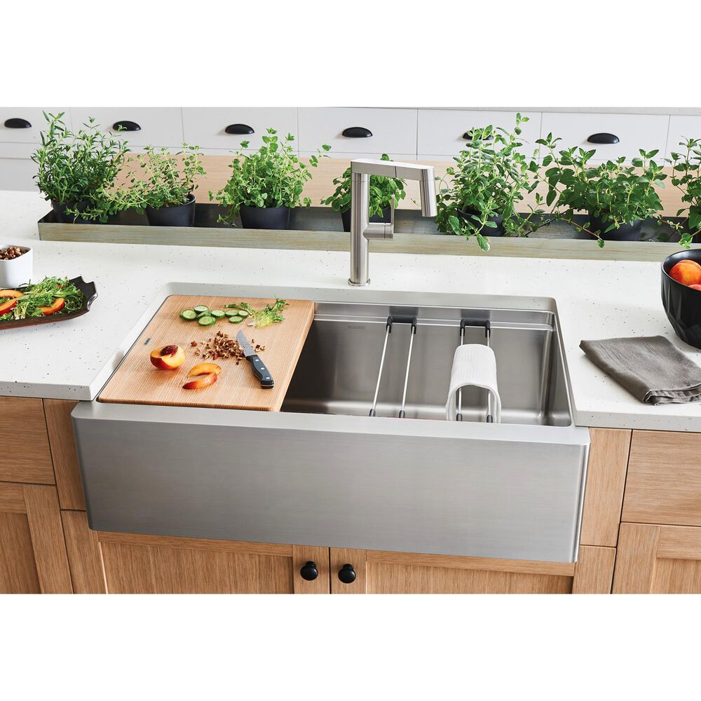 Blanco Quatrus 33&quot; R15 Ergon Apron Super Single Farmhouse Kitchen Sink in Refined Brushed, , large