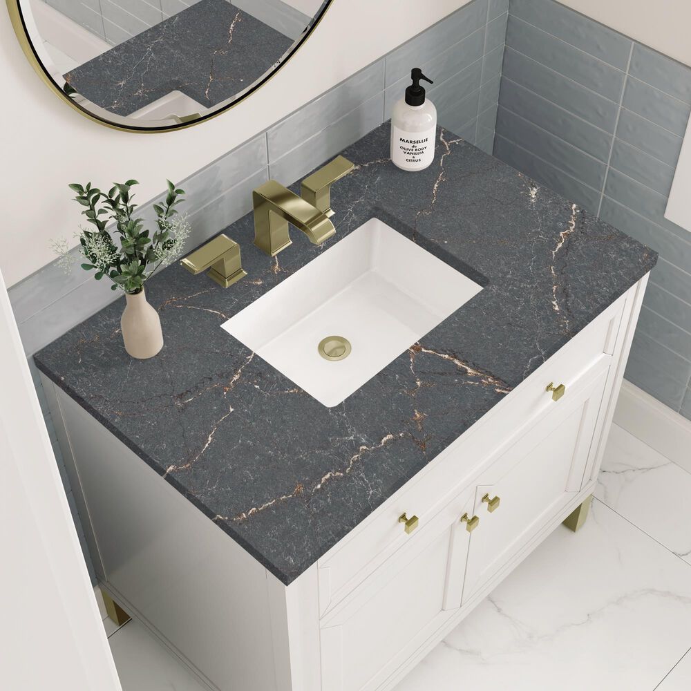 James Martin Vanities Chicago 36&quot; Single Bathroom Vanity in Glossy White with 3 cm Parisien Bleu Quartz Top and Rectangular Sink, , large