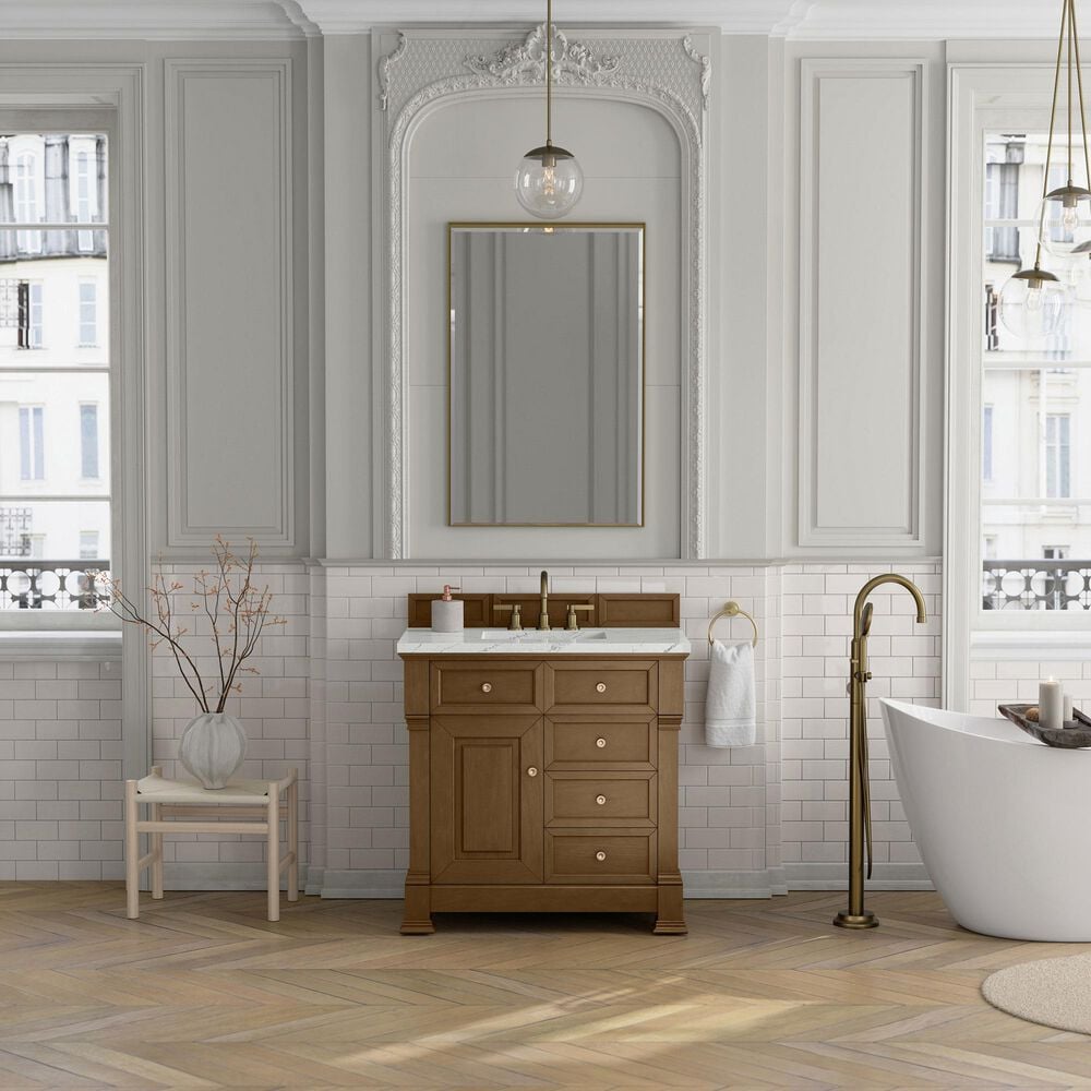 James Martin Vanities Brookfield 36&quot; Single Bathroom Vanity in Honey Oak with 3 cm Ethereal Noctis Quartz Top and Rectangular Sink, , large