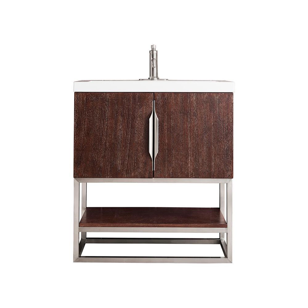 James Martin Columbia 31.5" Single Vanity Cabinet in Coffee Oak, Brushed Nickel, with White Glossy Solid Surface Top, , large