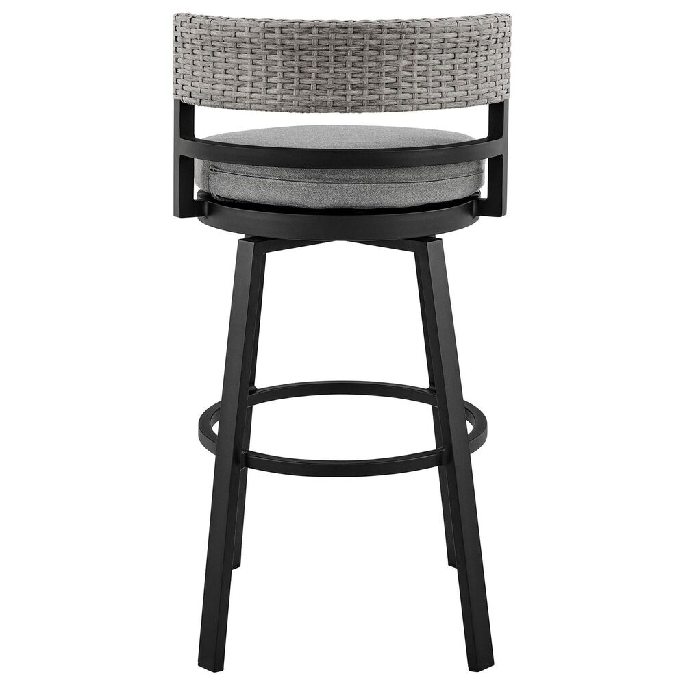 Armen Living Encinitas Patio Swivel Counter Height Bar Stool with Dark Gray Cushion in Black, , large